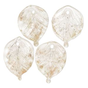 Drop, lampworked glass, translucent clear and gold, 22x15mm leaf. Sold per pkg of 4.