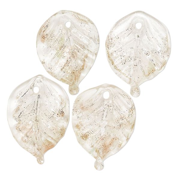 Drop, lampworked glass, translucent clear and gold, 22x15mm leaf. Sold per pkg of 4. image number 0