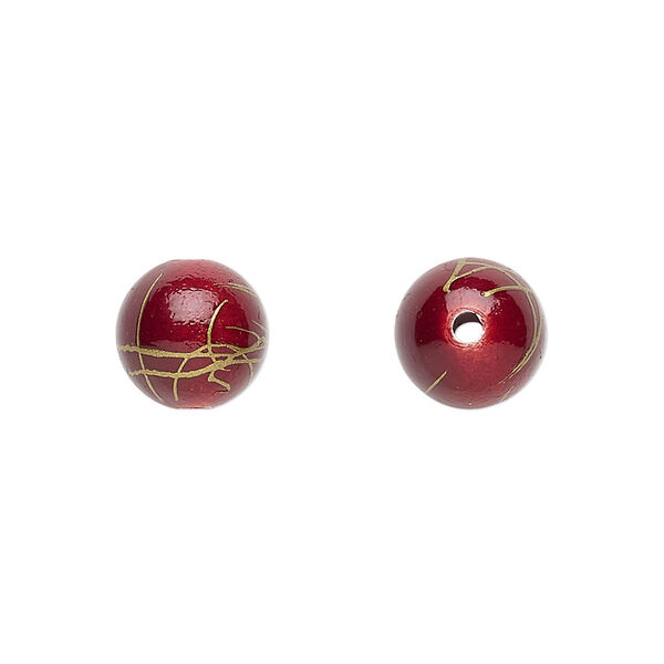 Bead, acrylic, red and gold, 10mm round with swirls. Sold per pkg of 200. image number 0