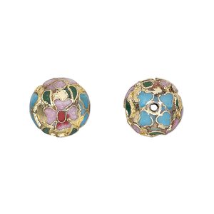 Bead, cloisonné, enamel and gold-finished copper, light blue and multicolored, 12mm round with flower design. Sold per pkg of 10.