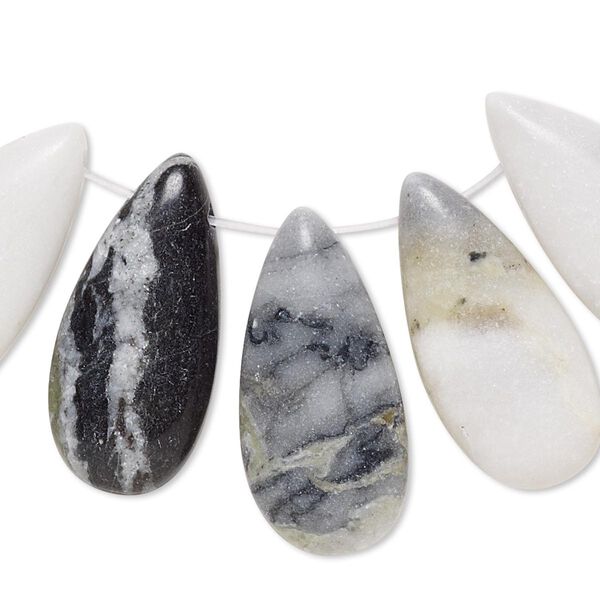 Drop, green Earth "jasper" (serpentine) (natural), 24x11mm-26x13mm puffed teardrop with flat back, B- grade, Mohs hardness 2-1/2 to 6. Sold per 5-piece set. image number 0