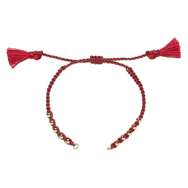 Bracelet component, nylon and gold-finished brass, dark red, 9-3/4 inches with adjustable macramé closure and (2) 5mm open loops. Sold individually. image number 0