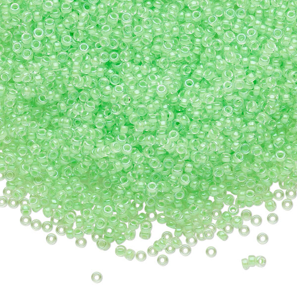 Seed bead, Miyuki, glass, pkg/250g, #15 rocaille, translucent luminous inside dyed color mint green, (RR-1120). image number 0