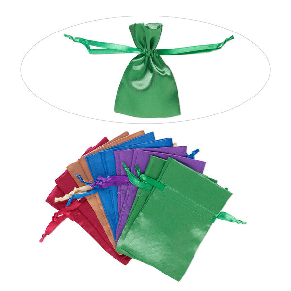Pouch, satin, assorted jewel tones, 4-3/4 x 3 inches with drawstring closure. Sold per pkg of 10. image number 0