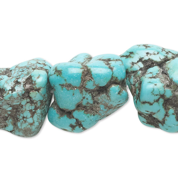 Bead, magnesite (dyed / stabilized), blue, medium to large nugget, Mohs hardness 3-1/2 to 4. Sold per 15-1/2" to 16" strand. image number 0
