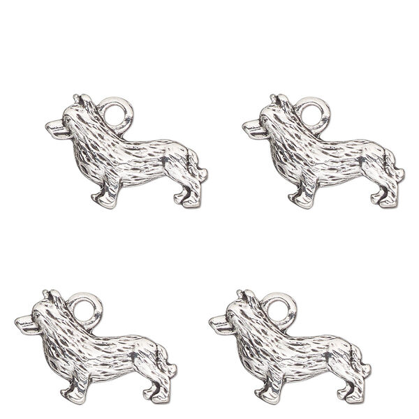 Charm, antique silver-finished "pewter" (zinc-based alloy) , 17x9mm single-sided corgi. Sold per pkg of 4. image number 0