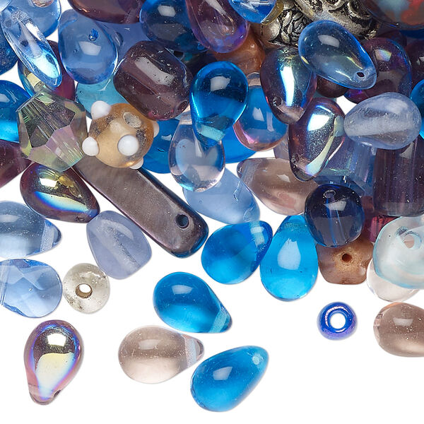 Bead mix, "pewter" (zinc-based alloy)/shell/glass, pkg/100g, antique silver finish and translucent mixed colors, 4-16x15mm mixed-drilled mixed shapes. image number 0