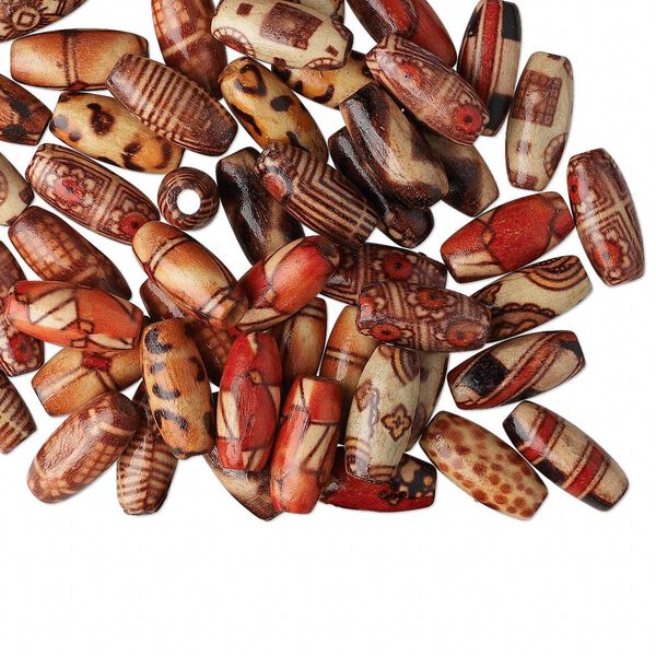 Bead mix, wood (coated), multicolored, 15x7mm hand-cut oval with painted pattern. Sold per pkg of 100. image number 0