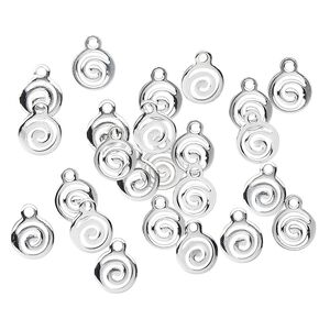 Drop, silver-plated brass, 7mm round swirl. Sold per pkg of 100.