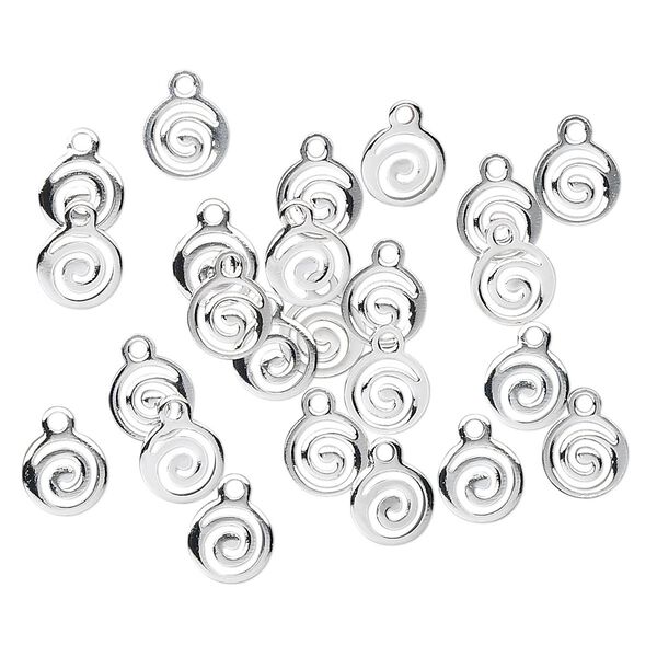 Drop, silver-plated brass, 7mm round swirl. Sold per pkg of 100. image number 0
