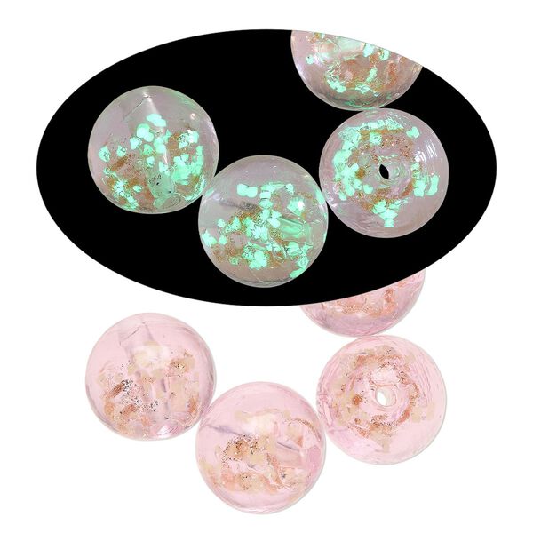 Bead, lampworked glass, clear / pink / glow-in-the-dark / gold, 14mm round. Sold per pkg of 4. image number 0