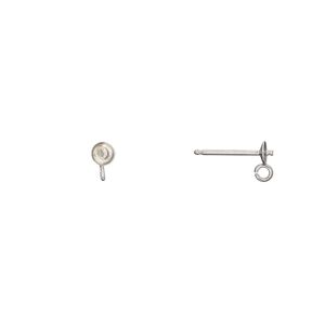 Earstud 1pkg2 sterling silver, 3mm cup / 2mm peg / open loop, 3-5mm half-drilled round setting, 1 pair