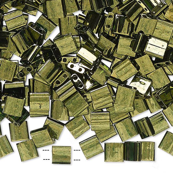 Seed bead, TILA®, glass, pkg/10g, 5mm full tila square, translucent luster olive green, (TL-306). image number 0