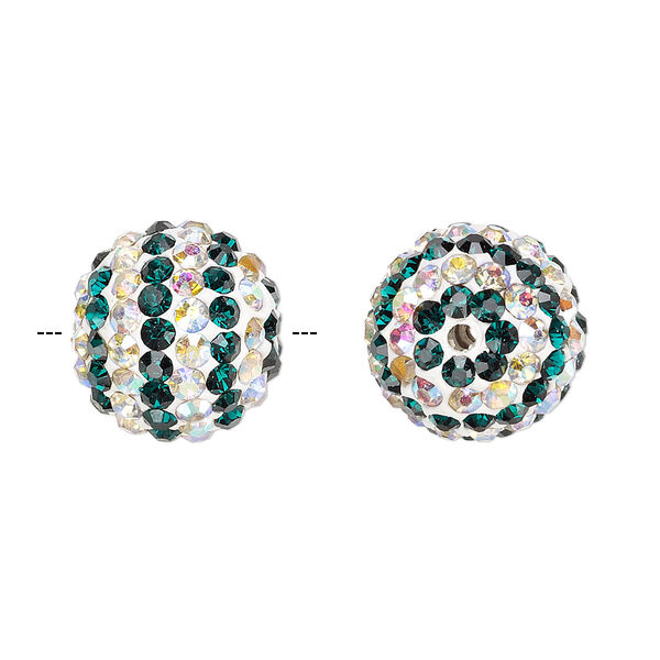 Bead, Egyptian glass rhinestone / epoxy / resin, white / dark green / clear AB, 14mm round with pavé striped design. Sold individually. image number 0