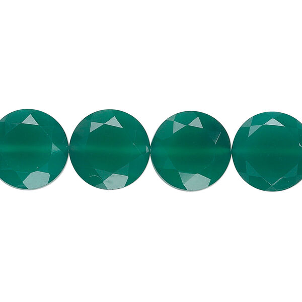 Bead, green onyx (dyed), 12mm hand-cut faceted flat round, B grade, Mohs hardness 6-1/2 to 7. Sold per pkg of 10. image number 0