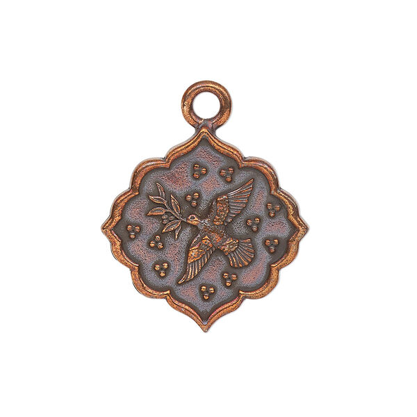 Drop, TierraCast®, antique copper-plated pewter, 24.5mm 2-sided scalloped diamond with dove and "peace." Sold individually. image number 0
