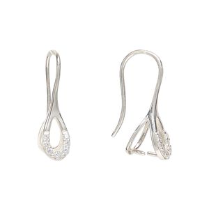 Ear wire 1pkg2 sterling silver / cubic zirconia, 21mm open teardrop / ice-pick bail / 5.5mm grip length, 20 gauge 1 pair