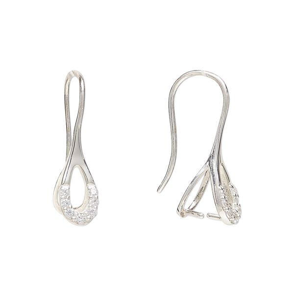 Ear wire 1pkg2 sterling silver / cubic zirconia, 21mm open teardrop / ice-pick bail / 5.5mm grip length, 20 gauge 1 pair image number 0