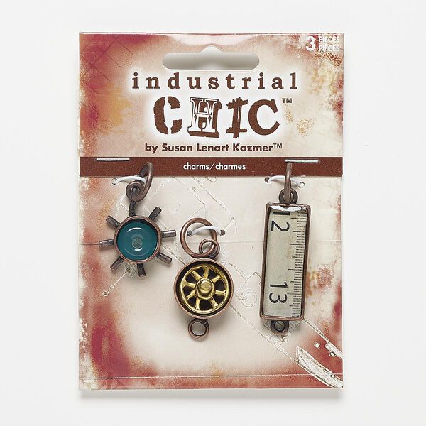 Link and drop, acrylic with antiqued copper-finished steel and "pewter" (zinc-based alloy), teal, 16mm round with wheel design / 21x20mm sun / 26x7mm ruler. Sold per pkg of 3. image number 0
