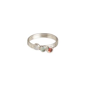 Ring, garnet / apatite / rainbow moonstone (natural) / sterling silver, 4.5mm wide, size 7. Sold per 3-piece set.