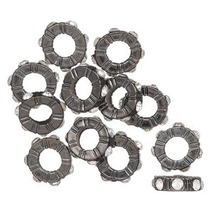 Bead, gunmetal-finished "pewter" (zinc-based alloy), clear, 12x4mm rondelle, 5.5mm inner diameter. Sold per pkg of 12.