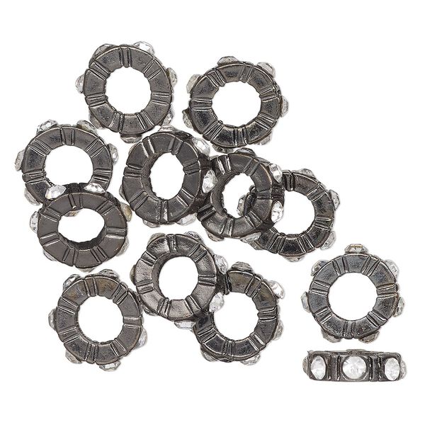 Bead, gunmetal-finished "pewter" (zinc-based alloy), clear, 12x4mm rondelle, 5.5mm inner diameter. Sold per pkg of 12. image number 0