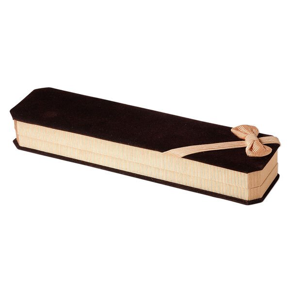 Box, bracelet / watch, velveteen and satin, brown / gold / black, 9 x 2-1/4 x 1-1/4 inch rectangle with ribbed ribbon. Sold individually. image number 0