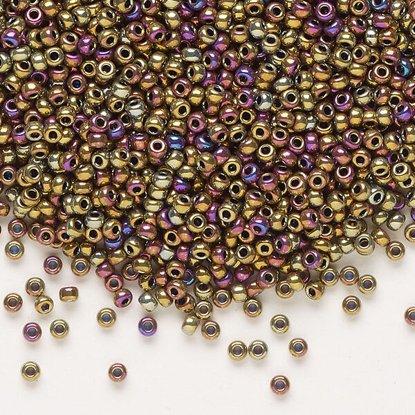 Seed bead, Miyuki, glass, pkg/250g, #11 rocaille, opaque nickel-plated golden olive iris, (RR-188). image number 0