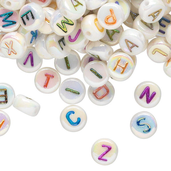 Bead mix, acrylic, white AB with multicolored alphabet, 7x4mm double-sided flat round with 1mm drill hole. Sold per pkg of 200. image number 0