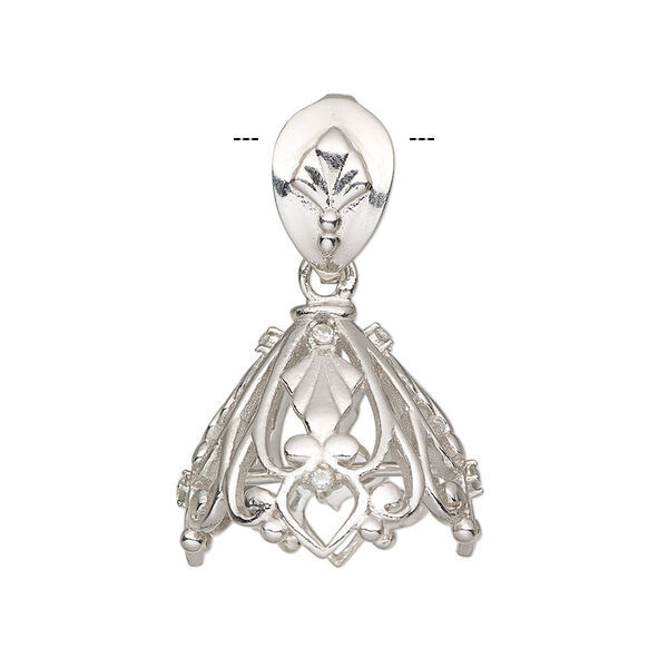 Bail, cubic zirconia and rhodium-plated sterling silver, clear, 19x17.5mm cone with inside cross bar and bail with fan design. Sold individually. image number 0
