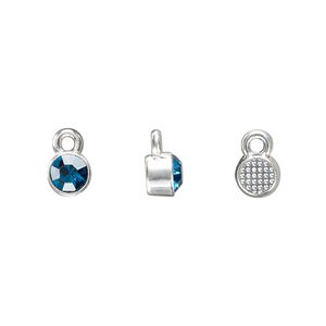 Drop, silver-finished "pewter" (zinc-based alloy) and glass rhinestone, zircon blue, 6mm faceted round, December birthstone. Sold per pkg of 10.