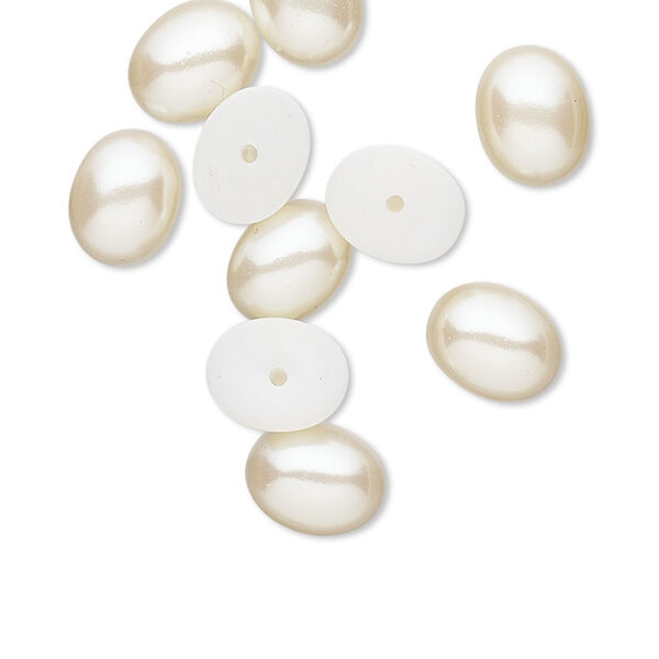 Cabochon, vintage Japanese acrylic pearl, antique white, 10x8mm half-drilled non-calibrated oval. Sold per pkg of 10. image number 0