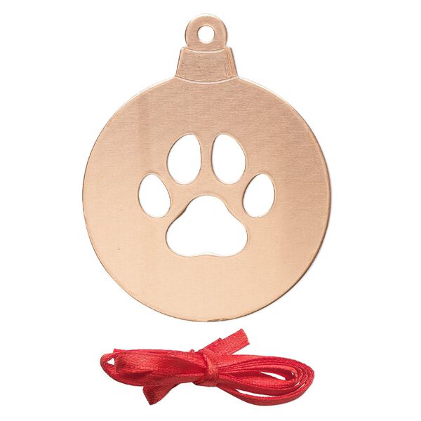 Ornament, ImpressArt®, copper and polyester, 2-1/2 x2 inch ball with cutout paw print with ribbon. Sold per pkg of 2. image number 0