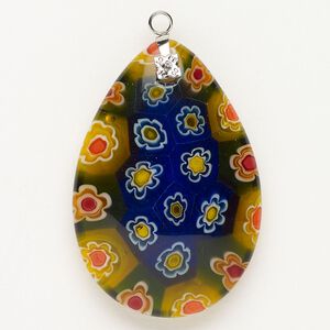 Focal 1pkg1 silver-finished steel and millefiori glass, translucent and transparent green and multicolored, 44x30mm-46x32mm puffed teardrop.