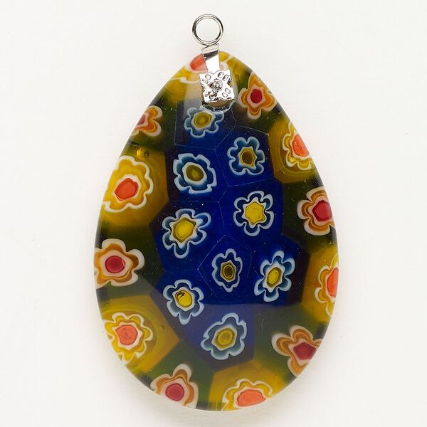 Focal 1pkg1 silver-finished steel and millefiori glass, translucent and transparent green and multicolored, 44x30mm-46x32mm puffed teardrop. image number 0