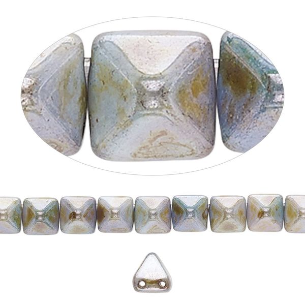 Spacer, Preciosa, Czech pressed glass, marbled opaque green and brown luster, 6x6x7mm 2-strand pyramid, fits up to 3mm bead. Sold per 8-inch strand, approximately 30 spacers. image number 0