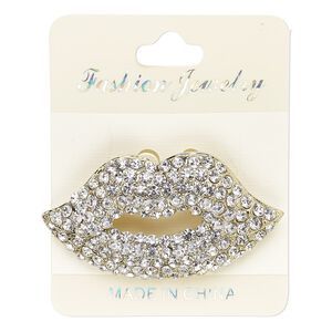 Brooch, glass rhinestone and gold-finished "pewter" (zinc-based alloy), clear, 56x30mm lips. Sold individually.