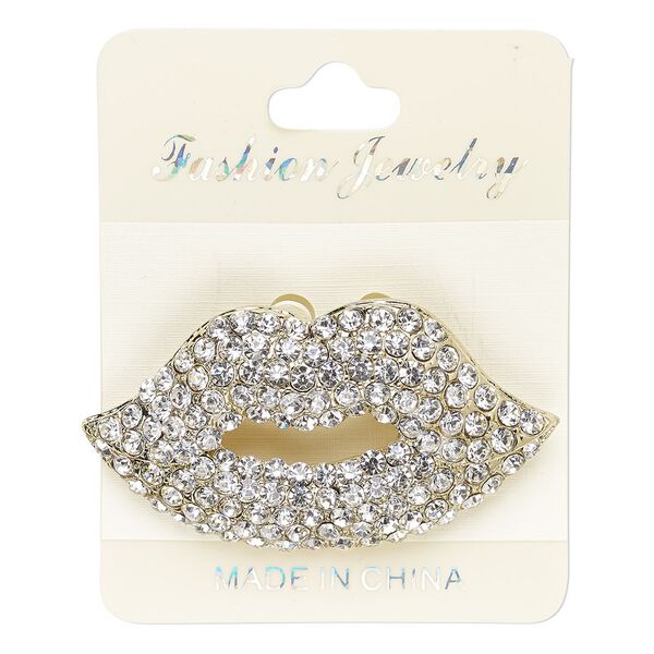 Brooch, glass rhinestone and gold-finished "pewter" (zinc-based alloy), clear, 56x30mm lips. Sold individually. image number 0