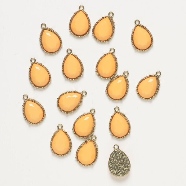 Drop 1pkg16, antique gold-finished metal and acrylic, neon orange, 24x15mm-25x16mm teardrop. image number 0