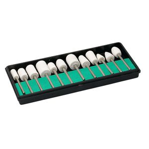 Felt burr, steel, 15x6mm-20x12mm felt-tipped burrs. Sold per 12-piece set.