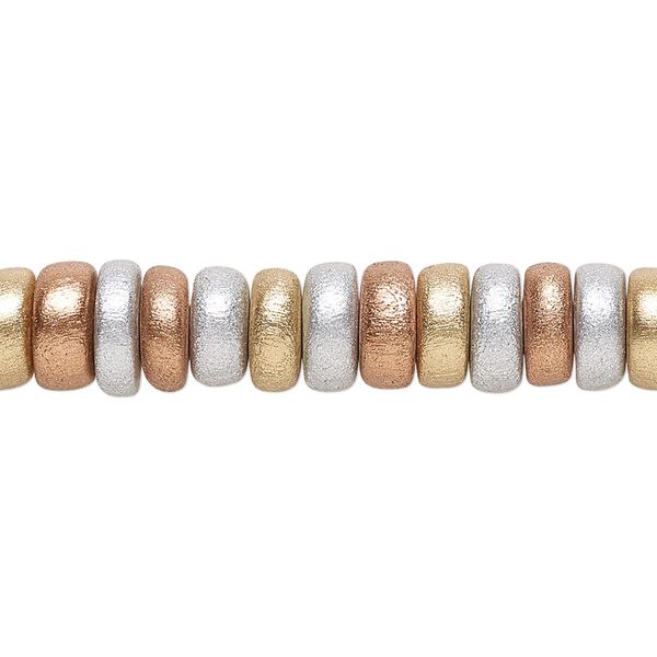 Bead 1pkg1, Taiwanese cheesewood (dyed / waxed), painted metallic gold / metallic silver / metallic copper, 8x4mm rondelle, 15-1/2 to 16 inches. image number 0