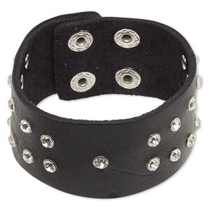 Bracelet, leather (dyed) / glass rhinestone / imitation rhodium-finished steel, black and clear, 33mm wide with rivets, adjustable at 7-1/2 and 8 inches with double snap closure. Sold individually.