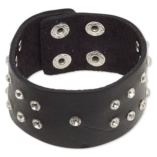 Bracelet, leather (dyed) / glass rhinestone / imitation rhodium-finished steel, black and clear, 33mm wide with rivets, adjustable at 7-1/2 and 8 inches with double snap closure. Sold individually. image number 0