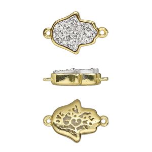 Link, Druzylite™, "druzy" (resin) and gold-finished brass, silver, 14x12.5mm two-sided Hamsa hand with open filigree back. Sold per pkg of 4.