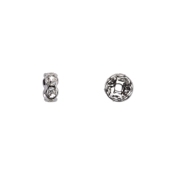 Bead, glass rhinestone and gunmetal-plated brass, clear, 6x3mm rondelle. Sold per pkg of 10. image number 0