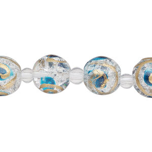 Bead, glass 1pkg8, transparent blue and gold, 12mm round with crackle finish and hand-painted spiral.