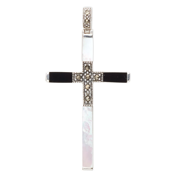 Pendant, sterling silver with marcasite / mother-of-pearl shell (natural) / black onyx (dyed), 40x25mm cross. Sold individually. image number 0