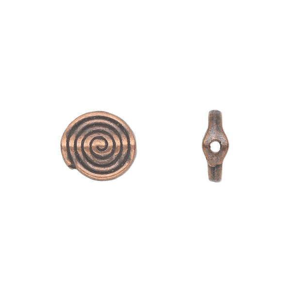 Bead, antique copper-plated "pewter" (zinc-based alloy), 11mm double-sided flat round with spiral design. Sold per pkg of 20. image number 0