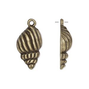 Charm, antique brass-plated "pewter" (zinc-based alloy), 22x13mm single-sided seashell. Sold per pkg of 4.