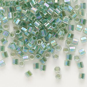 Seed bead, Delica®, glass, pkg/50g, #8 cut, translucent lime-lined rainbow crystal clear (DBLC-0060).